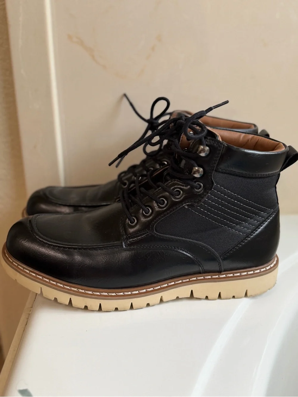 Steve Madden Black Leather Moc-Toe Lace-Up Boots with Tan Crepe Sole